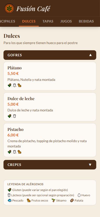 Sección de dulces de Fusión Café