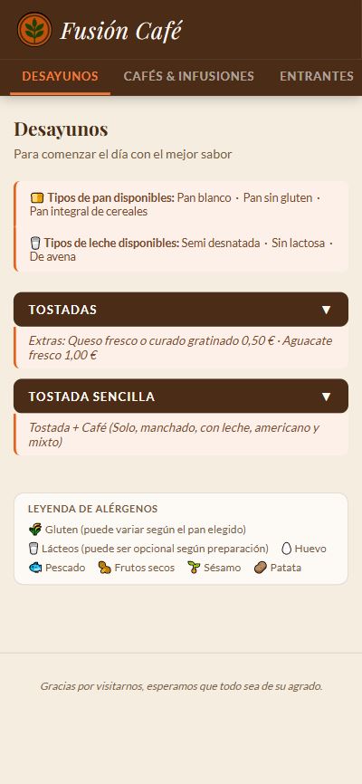 Pantalla de inicio de Fusión Café
