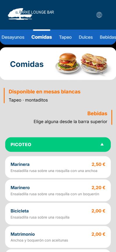 Carta de comidas de El Parke Lounge Bar