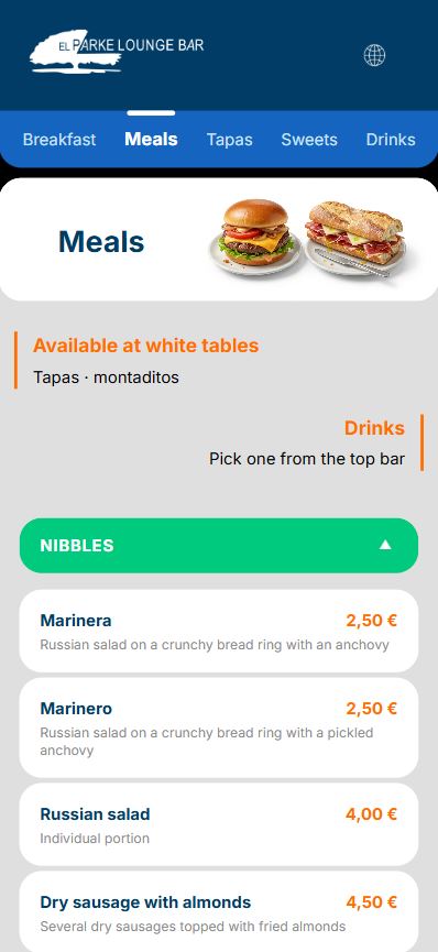 Carta de comidas en inglés de El Parke Lounge Bar